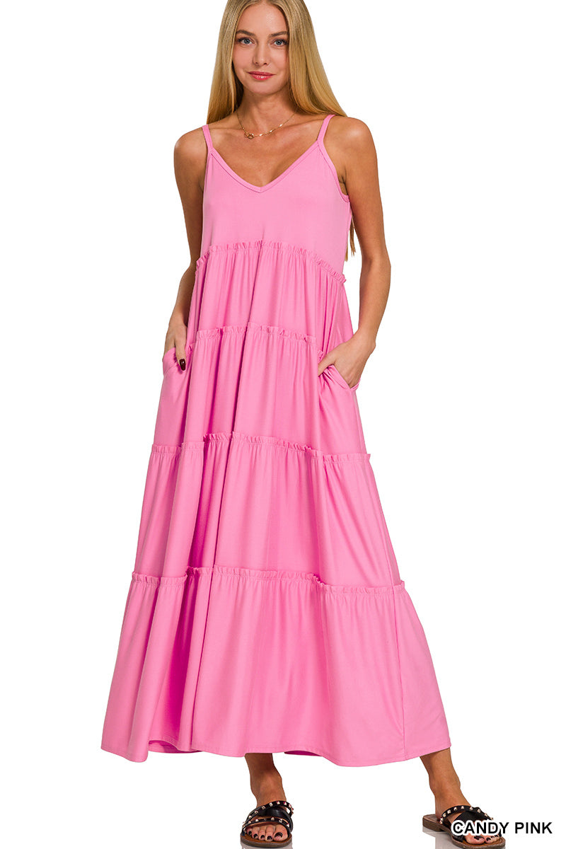 Sunrise V-Neck Maxi Tiered Dress w/ Side Pockets!! (6 Options) - Candy Pink / Small / 90% Polyester 10% Spandex Sunrise V-Neck Maxi Tiered Dress w/ Side Pockets!! (6 Options) - Candy Pink / Small / 90% Polyester 10% Spandex