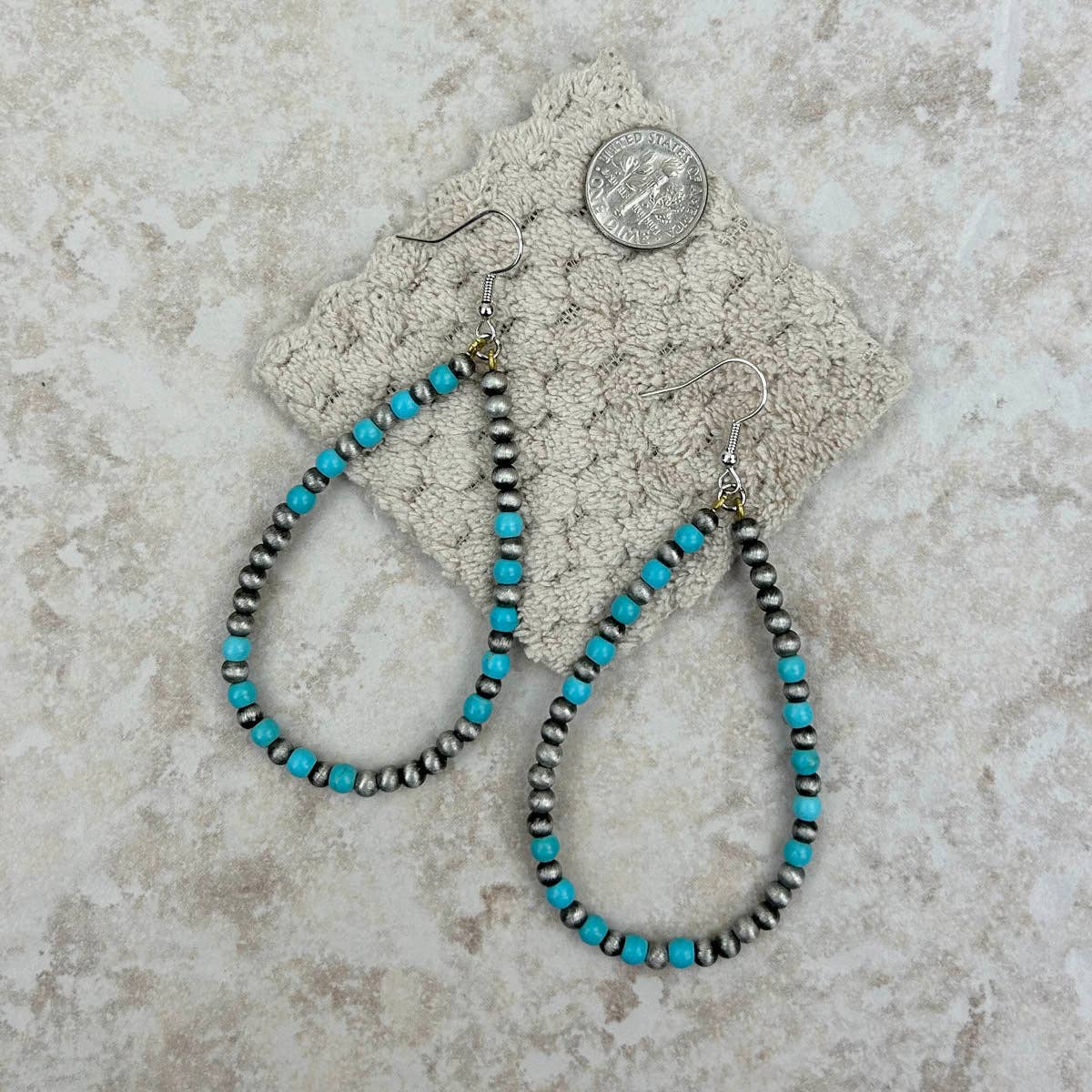 ER190810-08-BLUE-SILVER "Silver Navajo pearl with blue turquoise beads teardrop hoop Earrings"