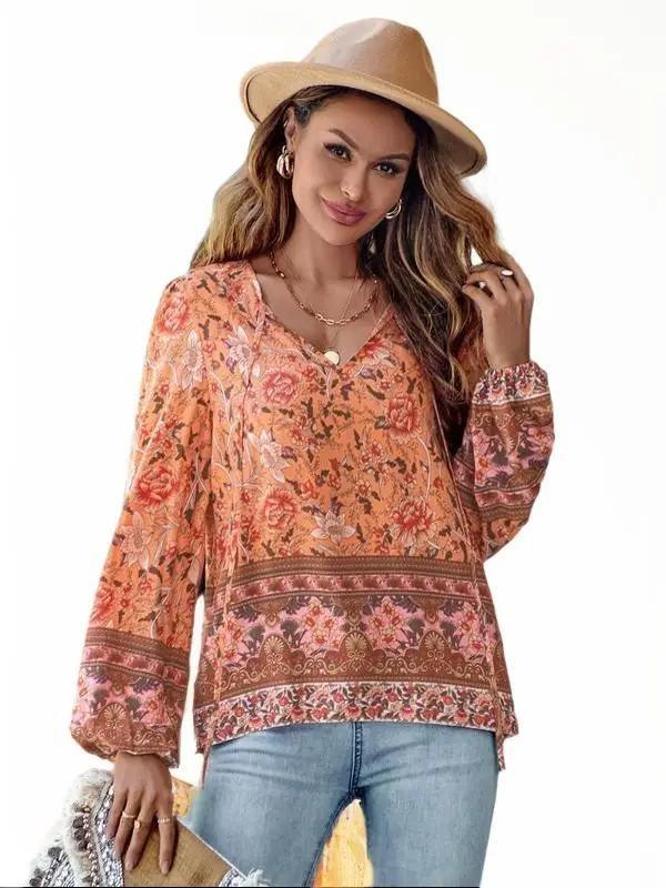 Gorgeous Floral Print V Neck Blouse