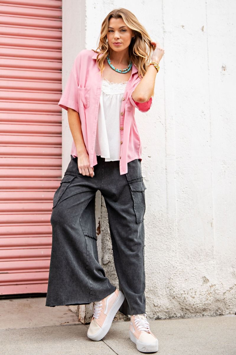 Feeling So Good Mineral Washed Wide Legs Terry Knit Cargo