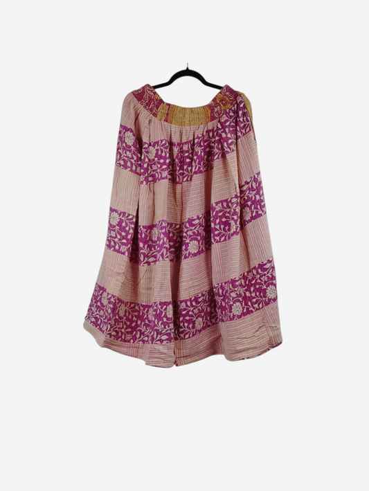 She Lives Beauty Pachuco Kantha capri pants in pink and cream vintage cotton with floral patterns and pleated design.