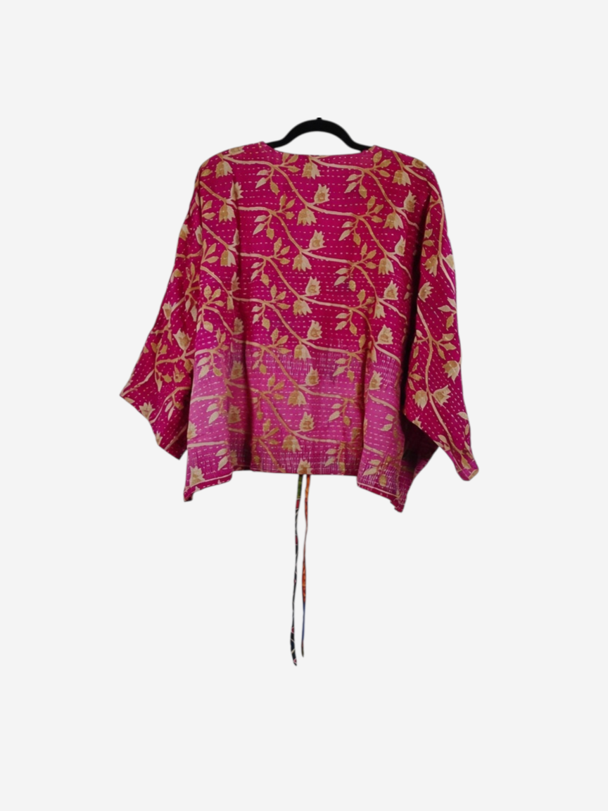 She Lives Beauty Sunrise Hana butterfly top in vibrant pink vintage kantha cotton with gold floral print and stitching
