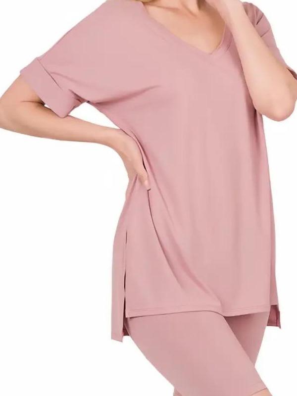 Elegant Comfort V-Neck Microfiber Top & Biker Shorts (12 Options)