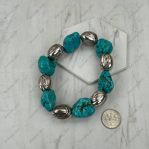 BR251230-69 Silver Navajo pearl with green turquoise nuggets stretch Bracelet