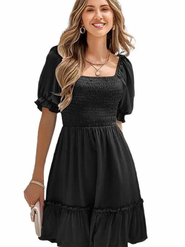 Styling in Black Casual Square Collar Bubble Sleeve Dress