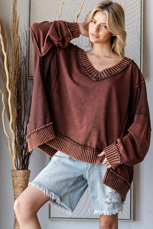 Washed Wide V Neck Ribbed Long Sleeve Top