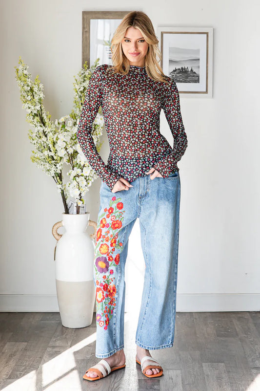 Black Floral Mesh Top