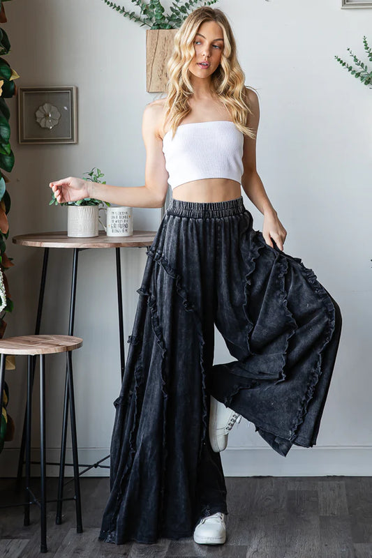 Ruffle Detail Wide Leg Flare Pants