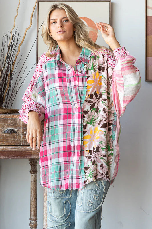 Pink Washed Print Mixed Button Down Shirt