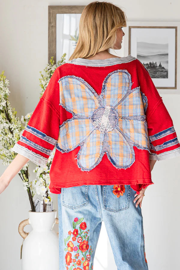 Red Washed Flower Patchwork Knit Top