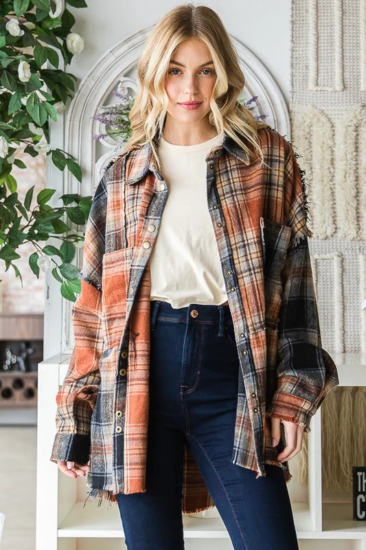 Black Washed Mixed Plaid Raw Hem Long Sleeve Shacket