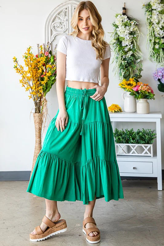 Mineral Washed Elastic Waist Tiered Wide Leg Pants