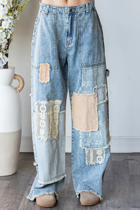 Washed Patchwork Frayed Hem Denim Jeans