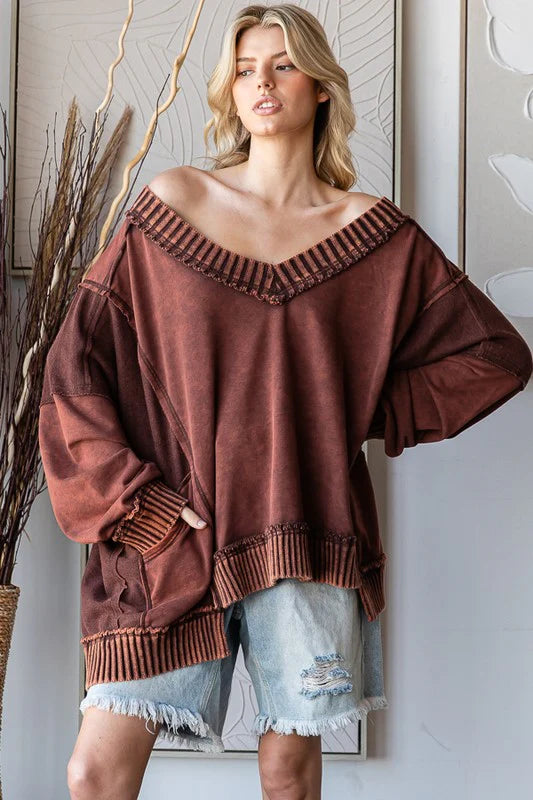 Washed Wide V Neck Ribbed Long Sleeve Top