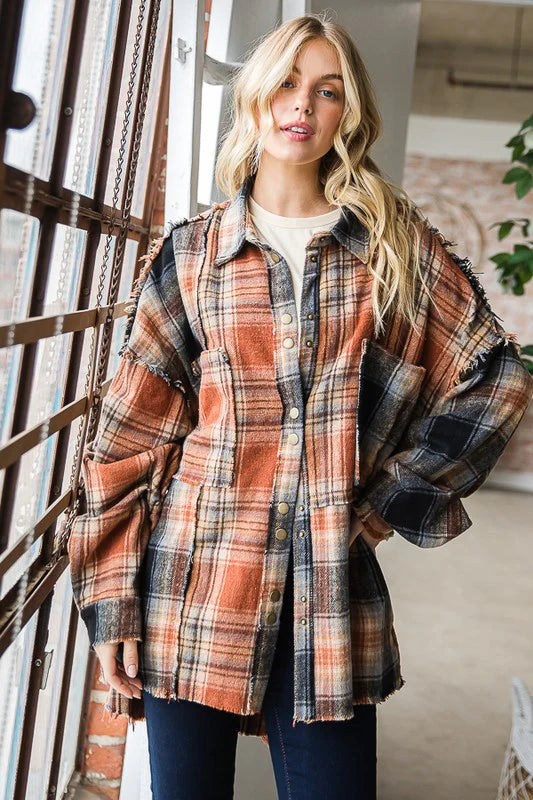 Black Washed Mixed Plaid Raw Hem Long Sleeve Shacket