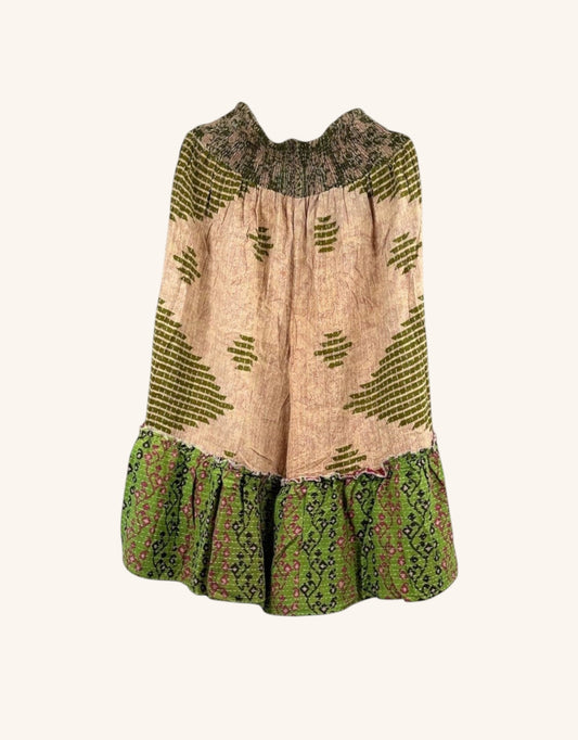 She Lives Beauty Anything for Selenas bloomers in vintage kantha cotton with green and beige geometric patterns.