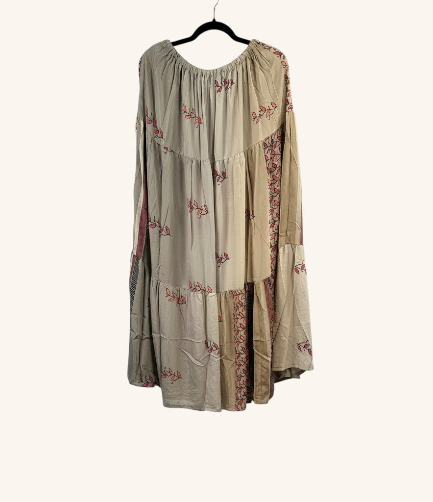 She Lives Beauty Prairie Soul maxi skirt in beige vintage rasgulla silk with red floral kantha stitch detailing.