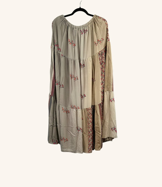 She Lives Beauty Prairie Soul maxi skirt in beige vintage rasgulla silk with red floral kantha stitch detailing.