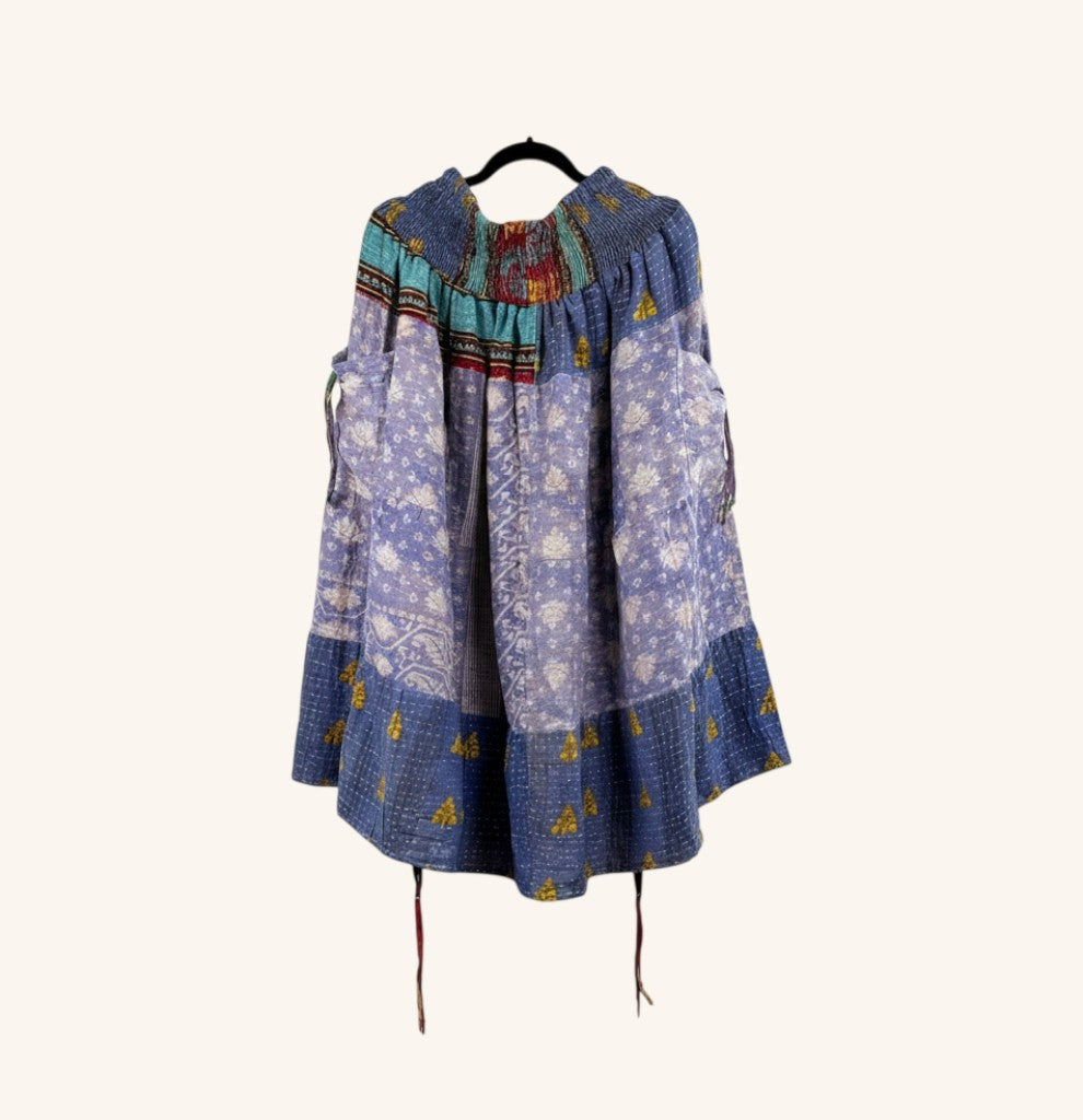 She Lives Beauty Earthbound midi skirt in blue vintage kantha cotton with adjustable front leg cinches