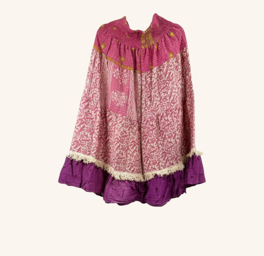 She Lives Beauty Tribal Soul Kantha bloomers in pink and purple vintage cotton with artisan fringe hem detailing.