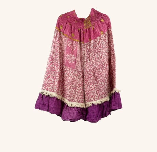 She Lives Beauty Tribal Soul Kantha bloomers in pink and purple vintage cotton with artisan fringe hem detailing.