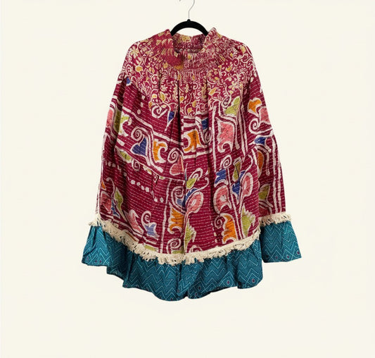 She Lives Beauty Tribal Soul Kantha bloomers in vintage cotton with red and teal patterns and artisan fringe hem.