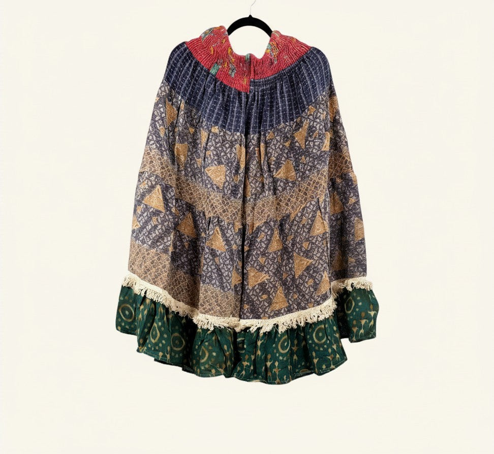 She Lives Beauty Tribal Soul Kantha bloomers made from vintage cotton saris with fringe hem and tiered patchwork print