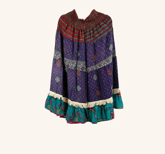 She Lives Beauty Tribal Soul Kantha bloomers in purple and teal vintage cotton with artisan fringe and elastic waist.