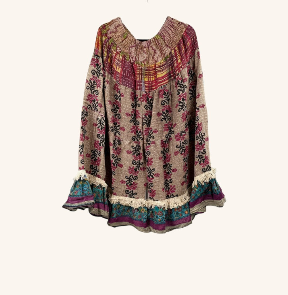 She Lives Beauty Tribal Soul Kantha bloomers in vintage cotton with floral patterns, fringe hem, and elastic waist.