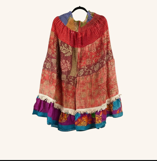 She Lives Beauty Tribal Soul Kantha bloomers made from vintage cotton saris with a fringe hem and elastic waistband.