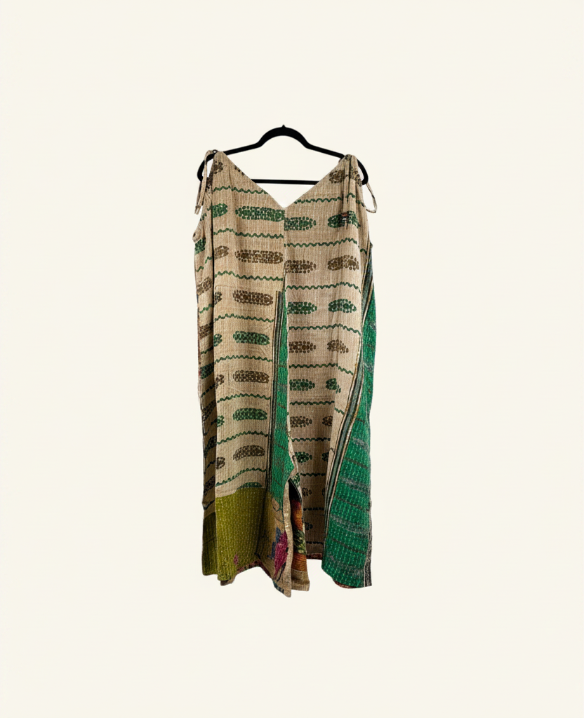 She Lives Beauty Sacred Journey Kantha Jumpsuit in vintage cotton with green and tan patterned stitching