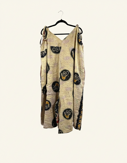 She Lives Beauty Sacred Journey Kantha jumpsuit in cream vintage cotton with black circular patterns and side pockets