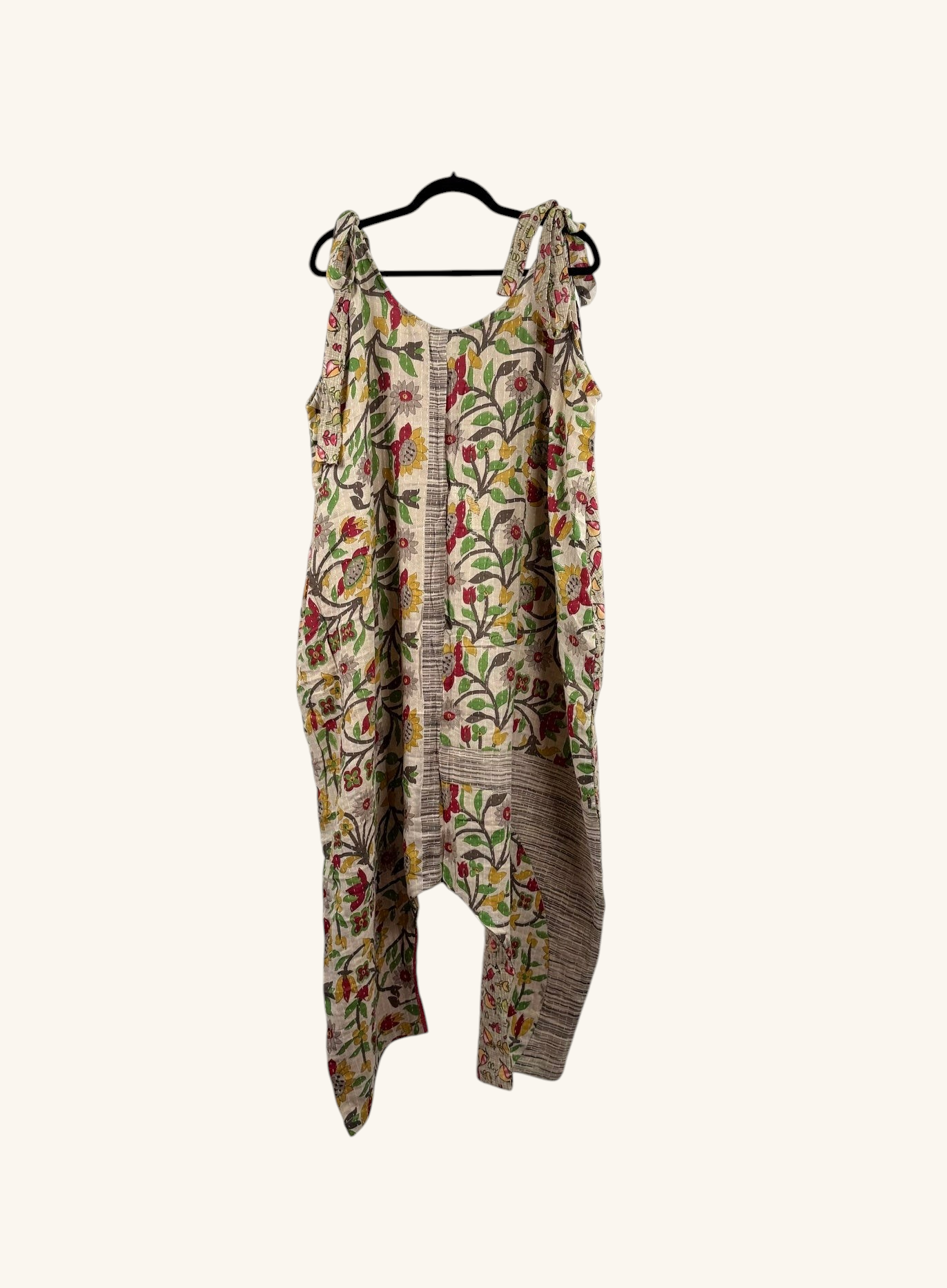 She Lives Beauty Becoming Wild harem jumpsuit in vintage floral kantha cotton with a relaxed bohemian silhouette