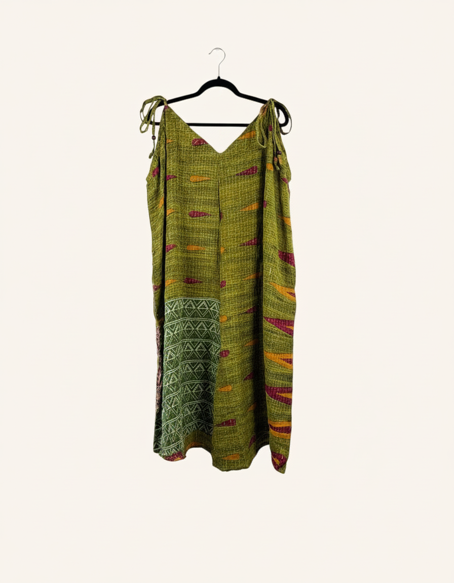 She Lives Beauty Sacred Journey Kantha jumpsuit in olive green vintage cotton with adjustable straps and side pockets