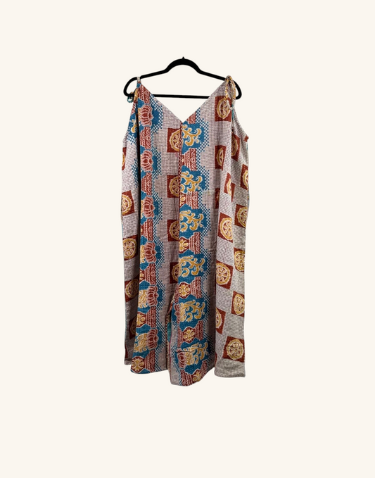 She Lives Beauty Sacred Journey Kantha Jumpsuit in vintage cotton with multicoloured geometric and floral patterns