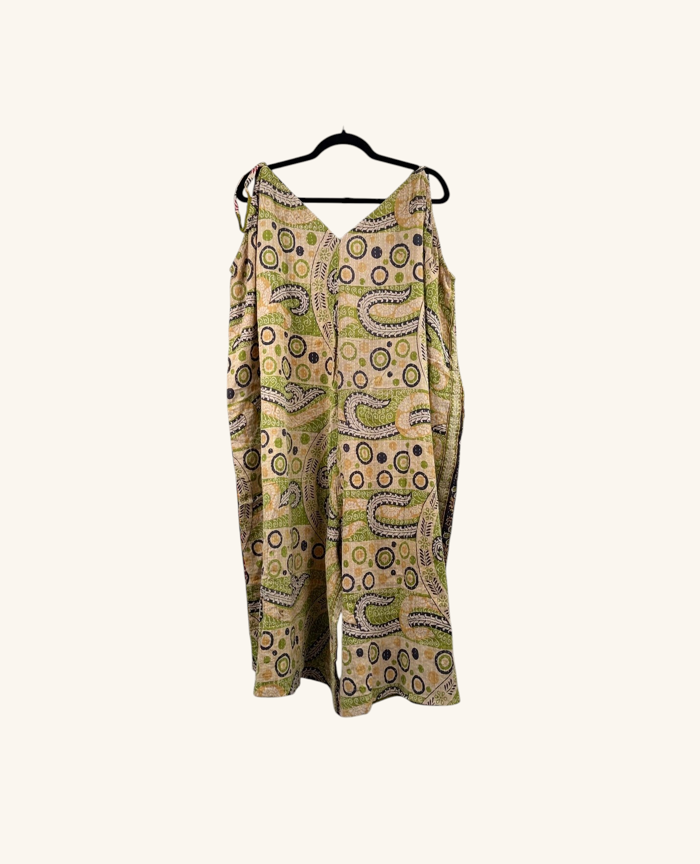 She Lives Beauty Sacred Journey Kantha jumpsuit in vintage cotton with green and beige paisley and circle patterns