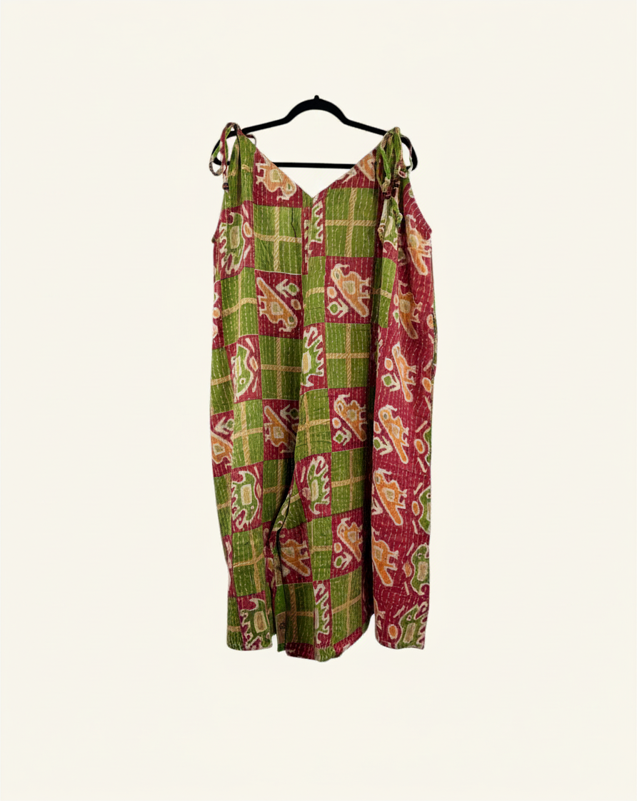 She Lives Beauty Sacred Journey Kantha jumpsuit in vintage cotton with green and red geometric patterns.