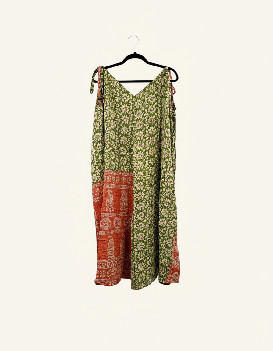 She Lives Beauty Sacred Journey Kantha jumpsuit in green and orange vintage cotton with adjustable tie straps.
