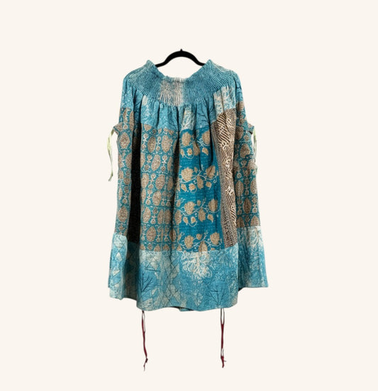 She Lives Beauty Earthbound midi skirt in blue vintage kantha cotton with adjustable front leg cinches