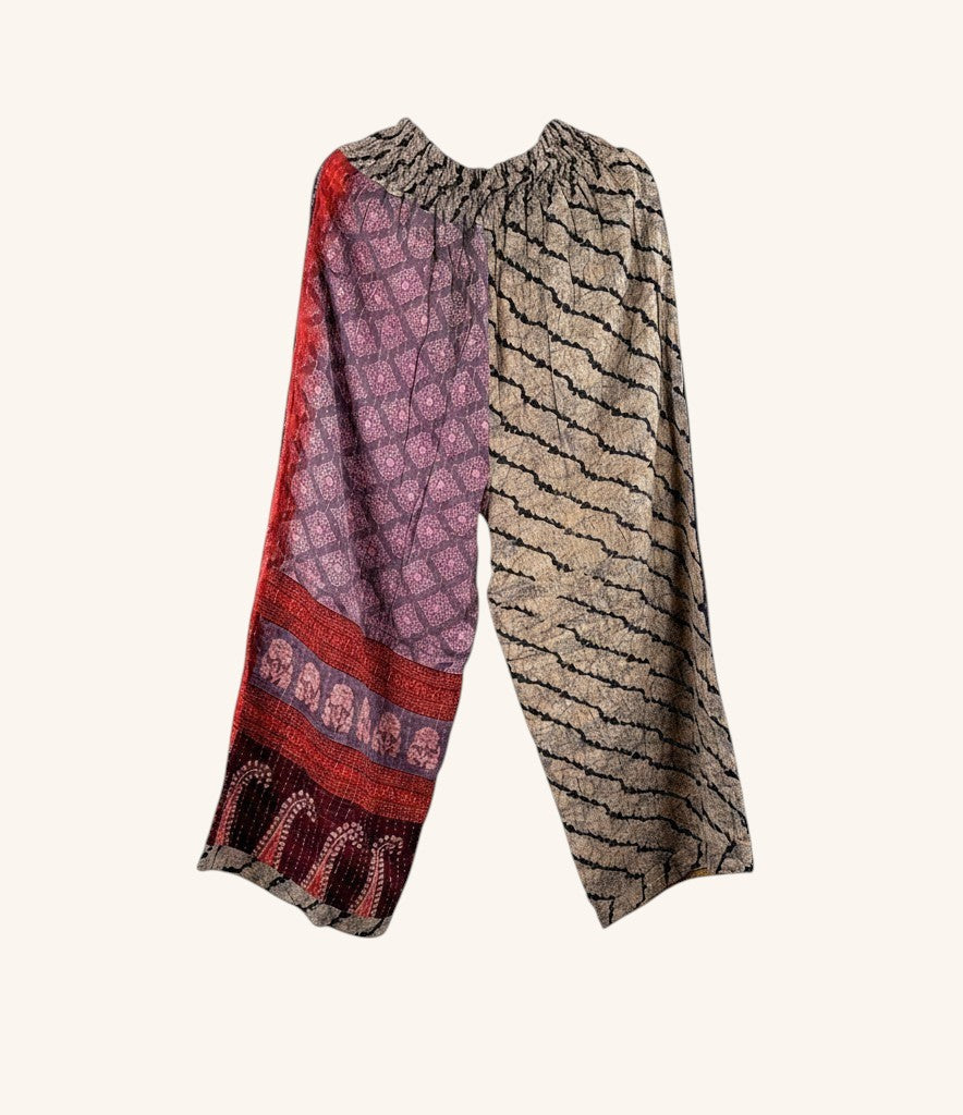 She Lives Beauty wide leg pants made from vintage kantha cotton saris with patchwork patterns in red and beige