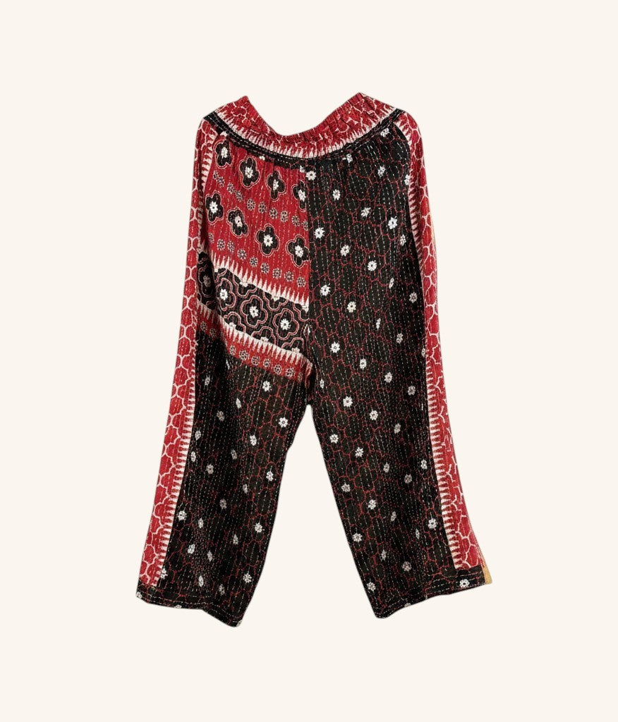 She Lives Beauty wide leg pants in red and black vintage kantha cotton with floral patchwork and hand-stitched detail