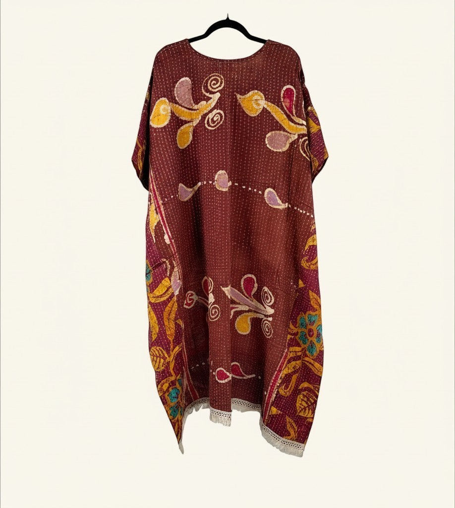 She Lives Beauty reversible Kantha top in maroon vintage cotton with bohemian floral patterns and fringe hem detail.