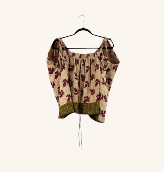 She Lives Beauty Monarch Kantha tank top in beige cotton with maroon leaf print and adjustable cinched front straps