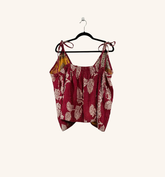 She Lives Beauty Monarch Kantha tank top in red vintage cotton with adjustable straps and cinched front detail.