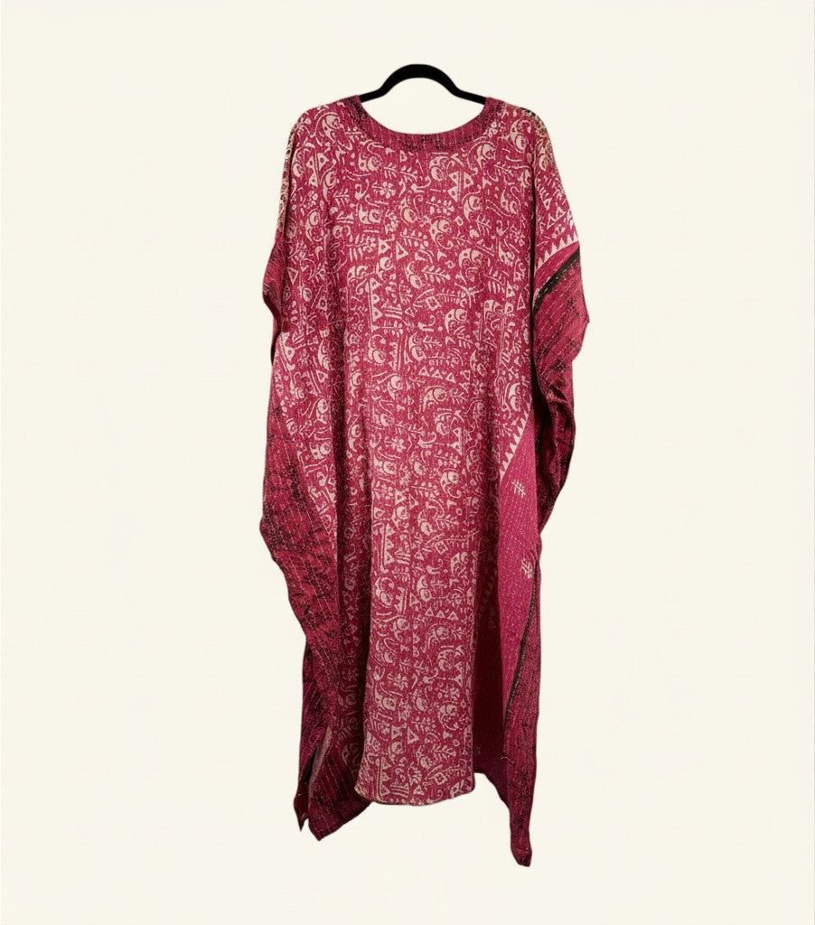 She Lives Beauty Valentina Kantha kaftan dress in vibrant pink vintage cotton with intricate hand-stitched patterns.