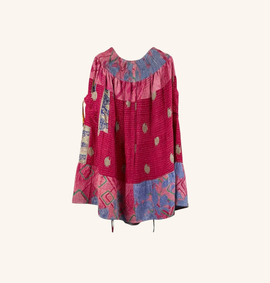 She Lives Beauty Earthbound midi skirt in pink vintage kantha cotton with adjustable leg cinches and bohemian pattern