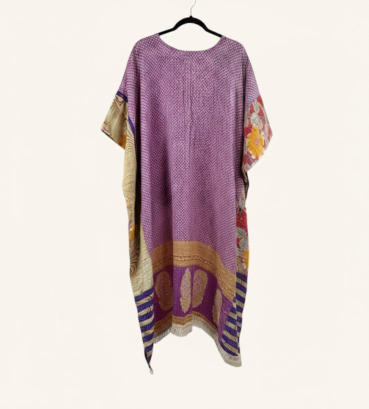 She Lives Beauty reversible hi-low Kantha top in purple vintage cotton with floral patterns and fringe hem