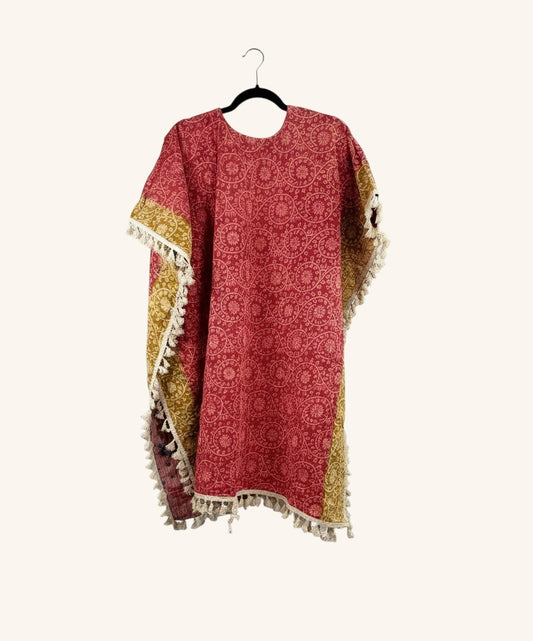 She Lives Beauty red and gold vintage cotton kantha kimono with short sleeves and decorative fringe trim.