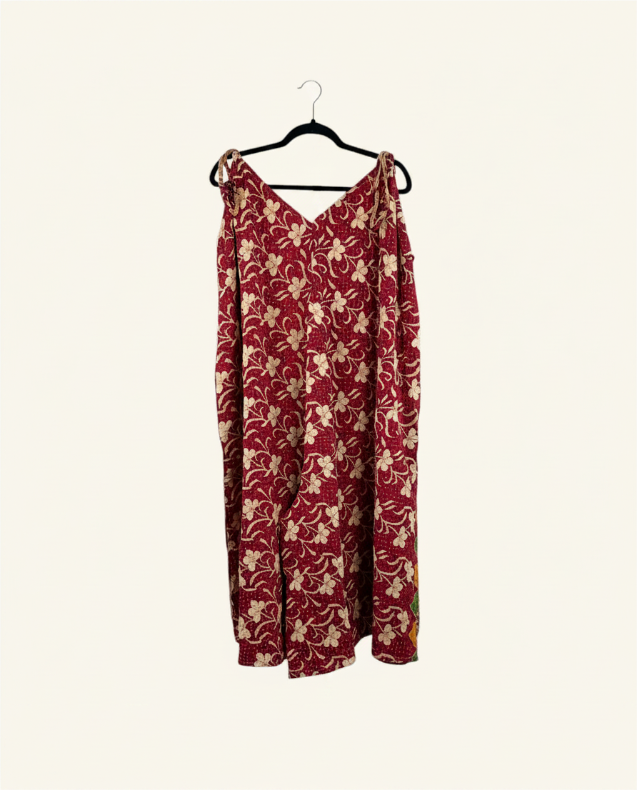 She Lives Beauty Sacred Journey Kantha jumpsuit in red vintage cotton with floral patterns and adjustable straps.