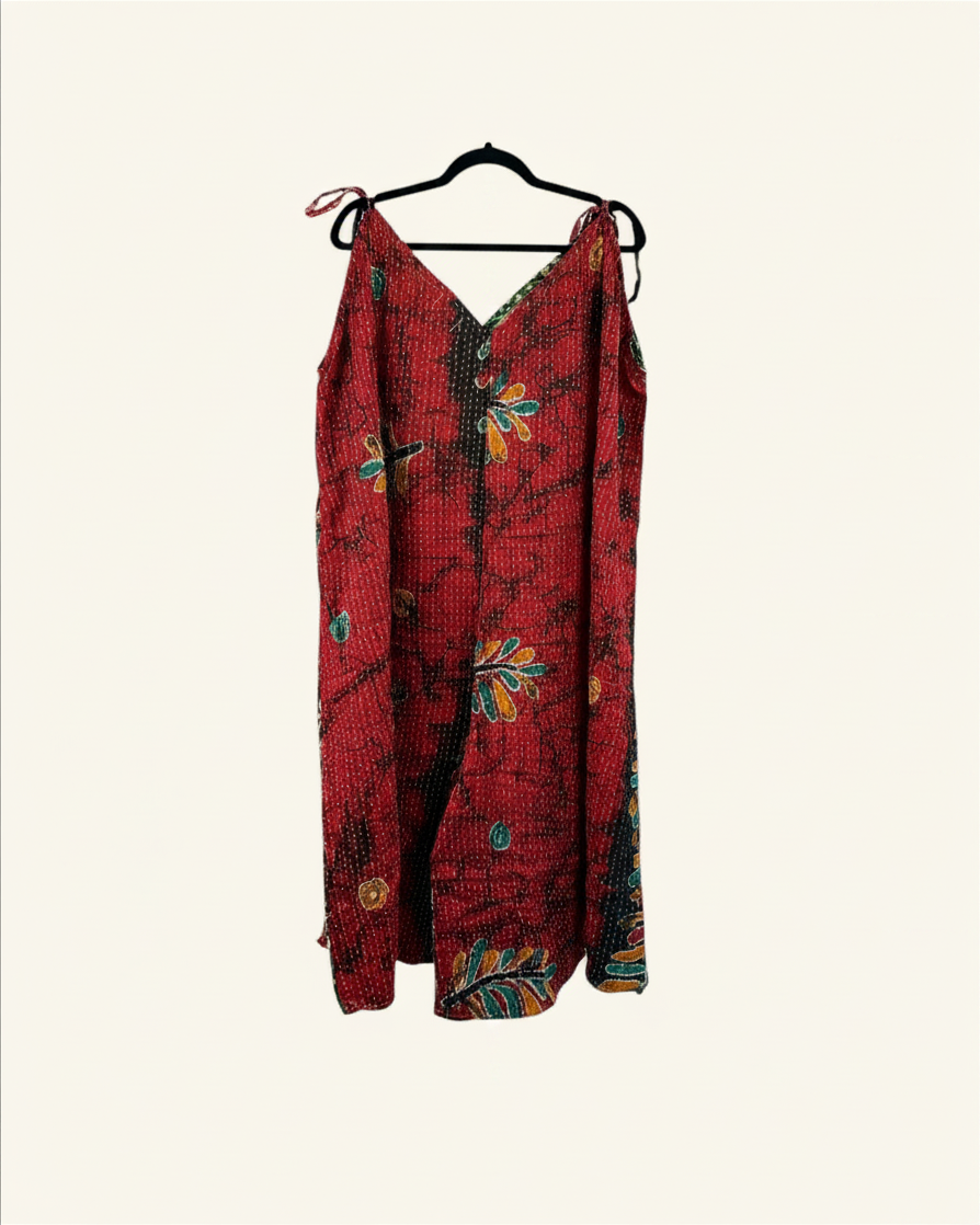 She Lives Beauty Sacred Journey Kantha jumpsuit in red vintage cotton with floral patterns and adjustable straps